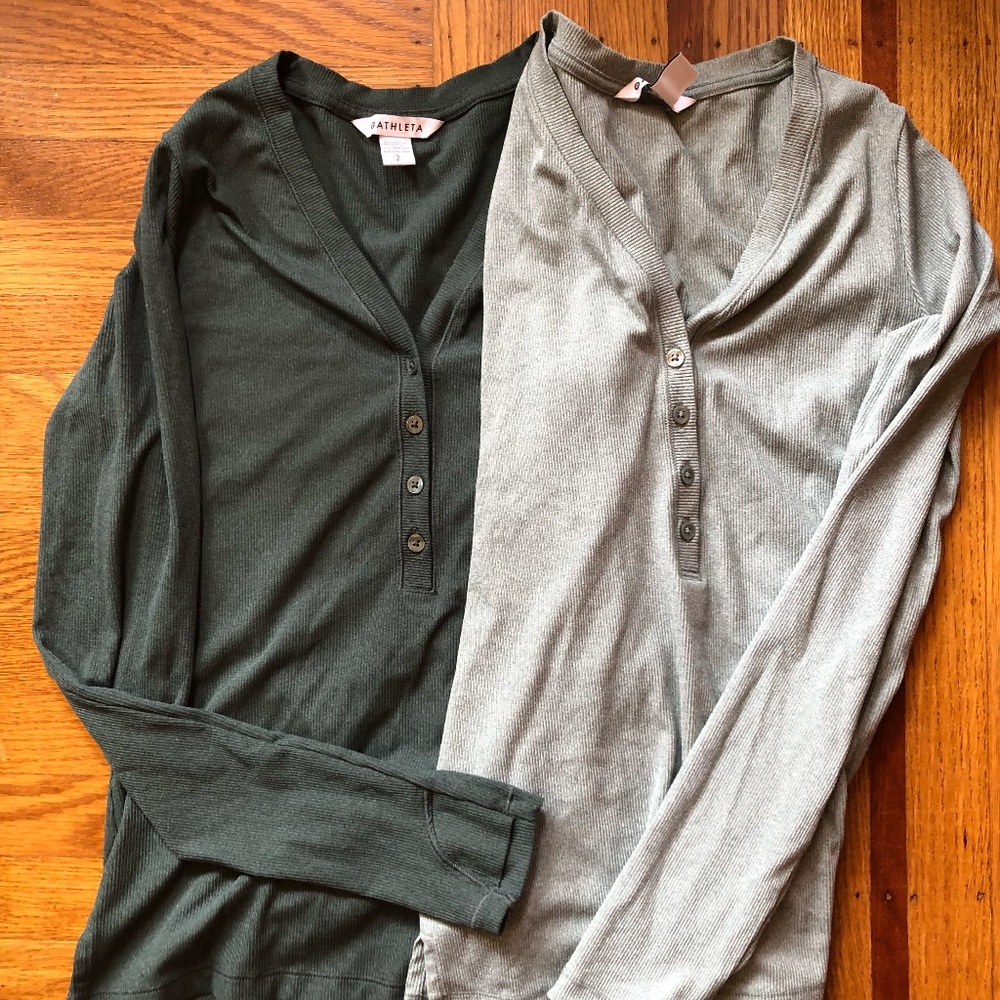 Two Athleta Uptempo Ribbed Henley Top women's small (light green & dark green)